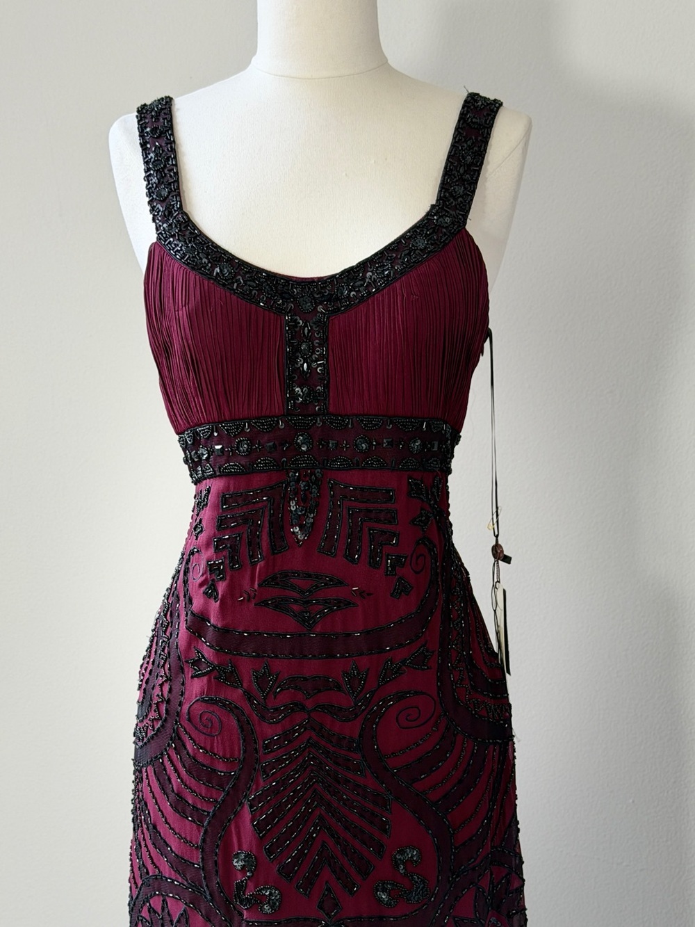 Vintage Sue Wong Beaded Burgundy Evening Dress with Black Embellishment